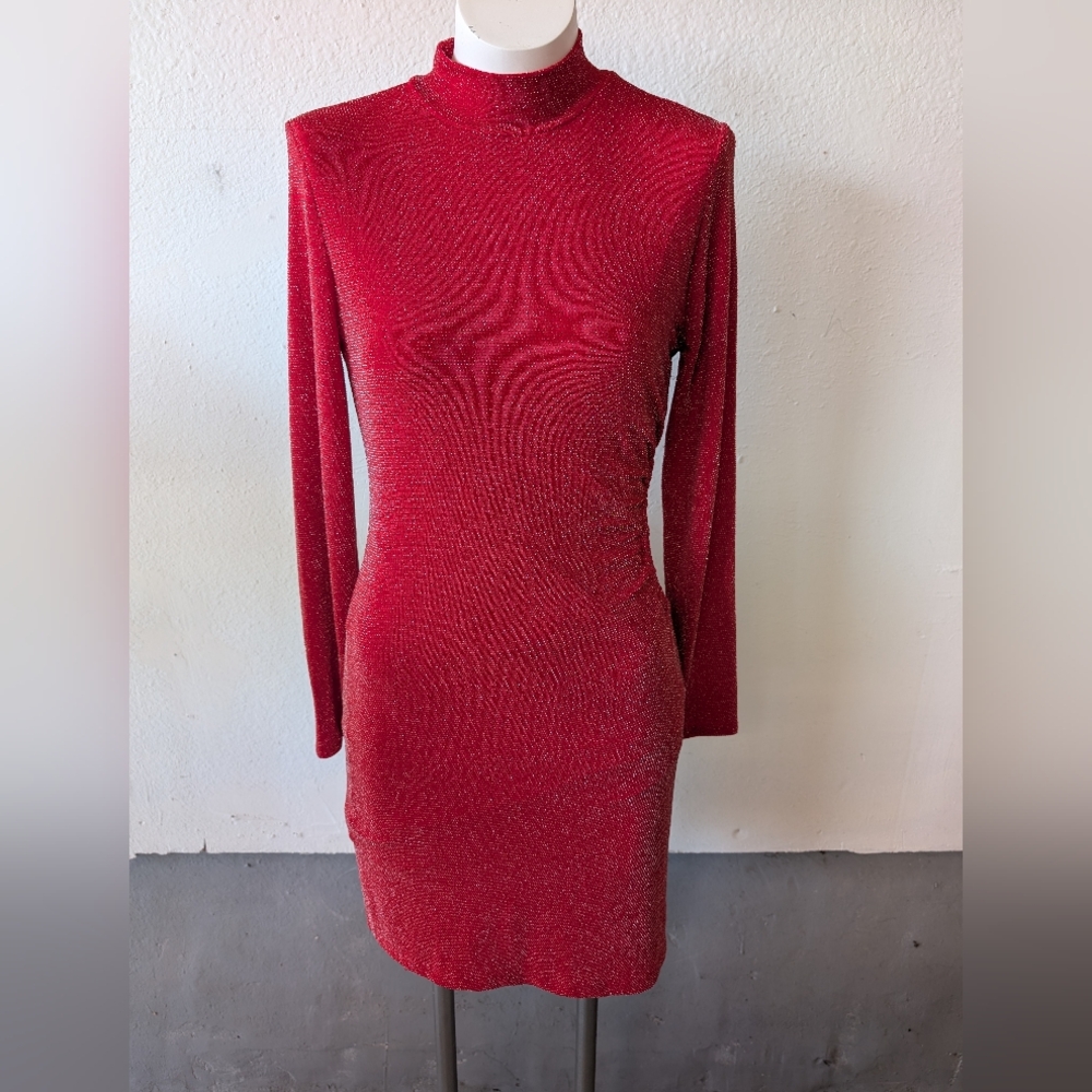 Dress Red  Silver Thread Running Though It The Fabric With Cutout Side. L